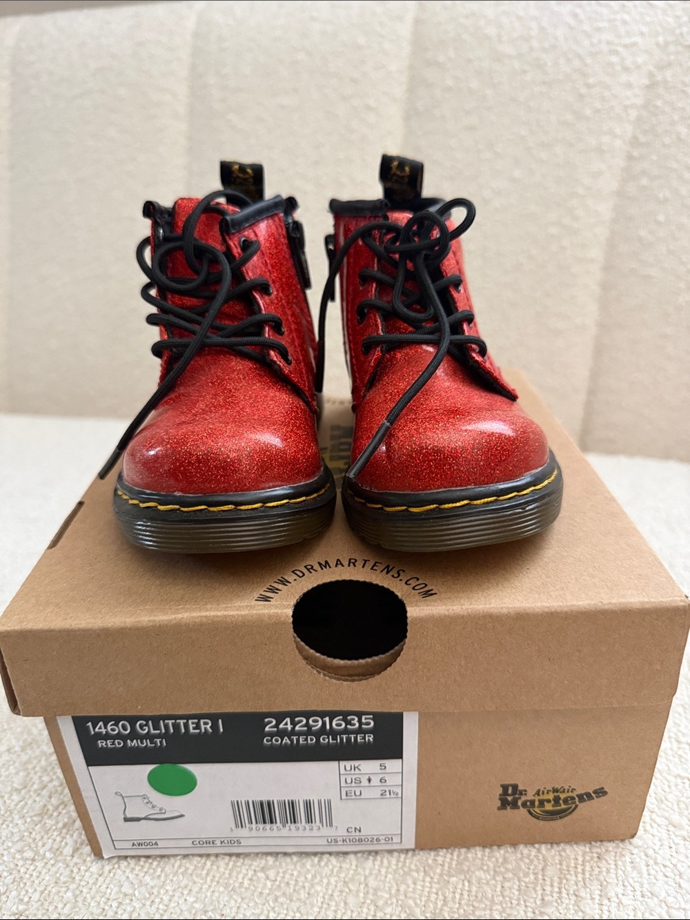 Dr. Martens Kids Red Glitter Lace-Up Boots